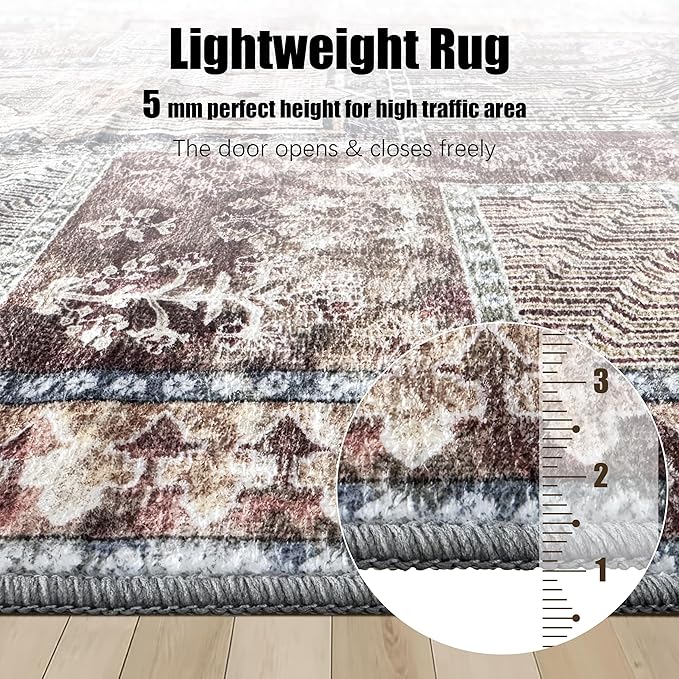 Vintage 2'6'' x 8' Washable Area Rug - Stylish Indoor Rug for Living, Dining or Bedroom - Lightweight Carpet with Non-Slip Backing - Foldable for Easy Placement and Maintenance - Rust