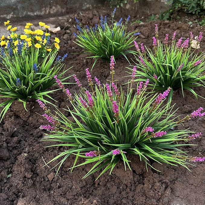 alyptus 12 Bundles Artificial Plants Outdoor Fake Monkey Grass with Flowers for Pot Garden Verandah Decor (Pink Flowers)