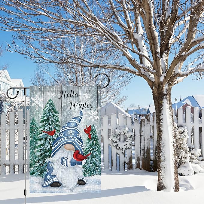 Hello Winter Gnome Garden Flag 12x18 Double Sided Burlap Cardinals Snowflakes Snow Yard Flags for Christmas Seasonal Outside Outdoor House Decoration (ONLY FLAG)