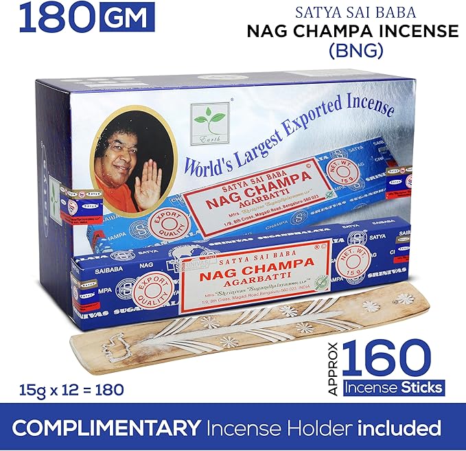 Satya Nagchampa Incense Sticks, Satya Bng (Bangalore) Insenses 15gmx12 Pack with Raajsee Incense Holder Bundle, Satya Nagchampa Natural Incense