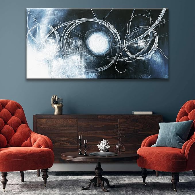 TAIJXAGSG Large Abstract Wall Art For Living Room Modern Dark Blue Wall Canvas Decorations White Line Canvas Wall Art Decor Prints Artwork Bedroom Kitchen Office Home Wall Artwork 29"×58"