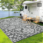 Outdoor Rug 9x12 Waterproof Reversible Plastic Straw Patio Rug, Stain-Resistant Vintage Medallion Carpet, Large Easy-Cleaning Indoor Outdoor RV Mat for Deck, Camping, Balcony, Grey White