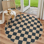 Lahome Checkered Round Rugs 6ft, Outdoor Patio Easy Jute Rug Indoor Outdoor Circle Carpet, Farmhouse Nature Non Shedding Non Slip Washable Black Carpet for Living Room Entry Deck