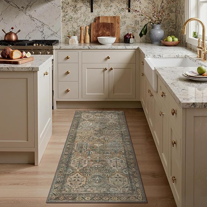 GENIMO 2x5 Runner Rugs for Hallway, Machine Washable Non Slip Vintage Rugs, Low Pile Lightweight Soft Print Rug for enrtyway, Corridor, Home Office, Kitchen, Warm Taupe