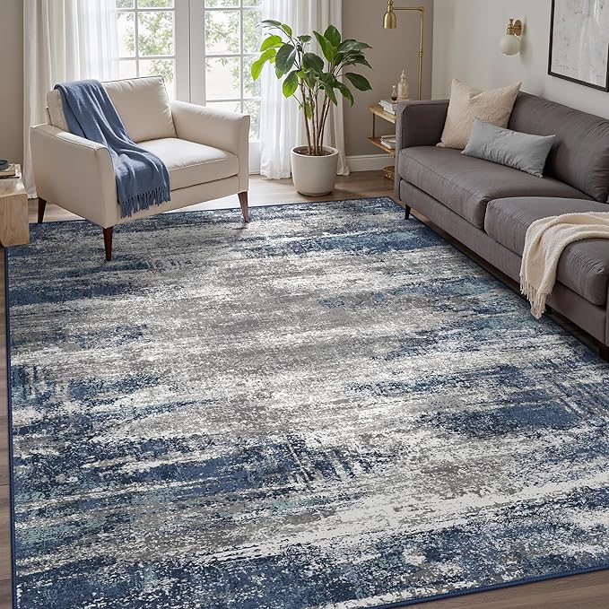 GENIMO 5x7 Area Rugs-Washable Area Rug Lightweight Low Pile, Non Slip Indoor Printed Modern Rug, Soft Pet Friendly Carpet for Living Room, Bedroom, Playroom, Blue Ivory
