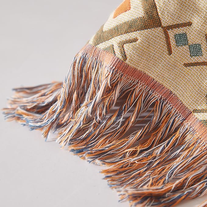 Boho Throw Blanket for Bed 80”x90”, 100% Cotton Woven Blanket for Couch Sofa, Ultra Soft 4-Layer Muslin Quilt with Diamond Pattern, Farmhouse Bed Blanket/Cover for Living Room Decor