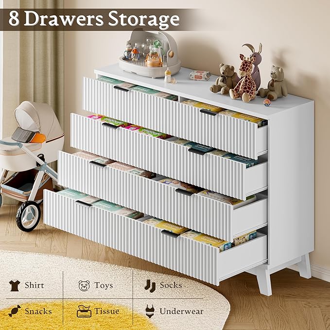 53" Tall Dresser for Bedroom, 8-Drawer Fluted Chest of Drawers, Modern Wood Highboy with Metal Slides and Handles, Anti-Tip Kit, Vertical Clothes Storage Organizer for Apartment, Closet