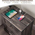 T4TREAM 24" Farmhouse Nightstand with Charging Station Set of 2, Large End Table with 2 Storage Drawers, Rustic Wood Sofa Bedside Table for Bedroom, Dark Rustic Oak