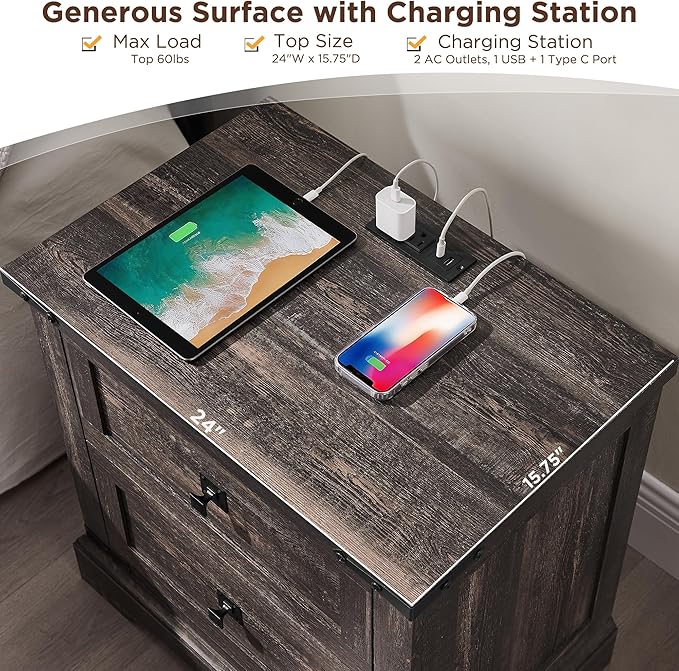T4TREAM 24" Farmhouse Nightstand with Charging Station, Large End Table with 2 Storage Drawers, Rustic Wood Sofa Bedside Table for Bedroom, Dark Rustic Oak