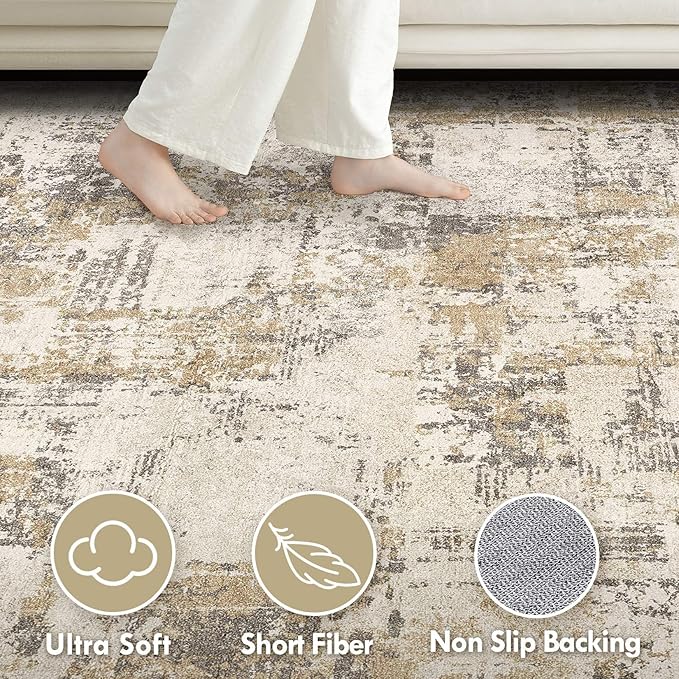 Tortania Washable 3x5 Area Rug - Modern Abstract Neutral Rugs Indoor Soft Thin Mat Non Slip Carpet for Entrance Front Door Living Room Bedroom Home Floor Decoration - Beige/Brown/Gray