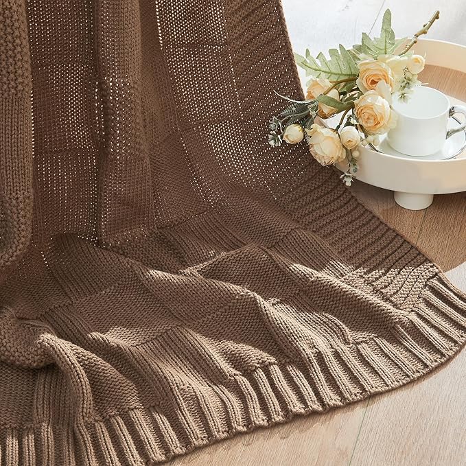 CozeCube Check Knit Throw Blanket, Light Brown Checkered Throw for Couch, Decorative Christmas Soft Cozy Warm Knitted Blanket for Bed Sofa Living Room, 60"X80"