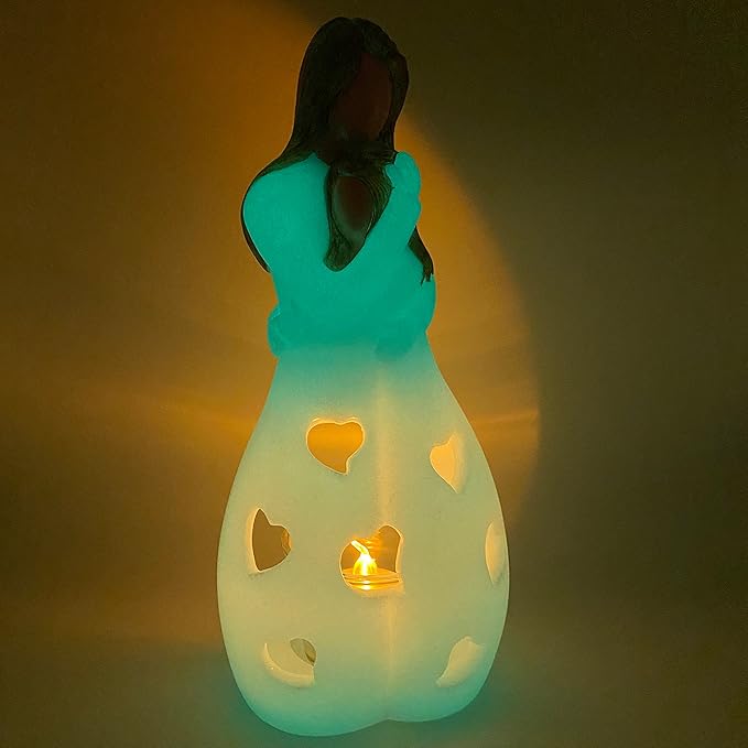 Mother-Daughter Glow in The Dark Candle Holder Statue with Flickering LED Candle | Hand-Painted - Unique Gifts for Mother's Day, Christmas, Birthday | Greeting Card Included