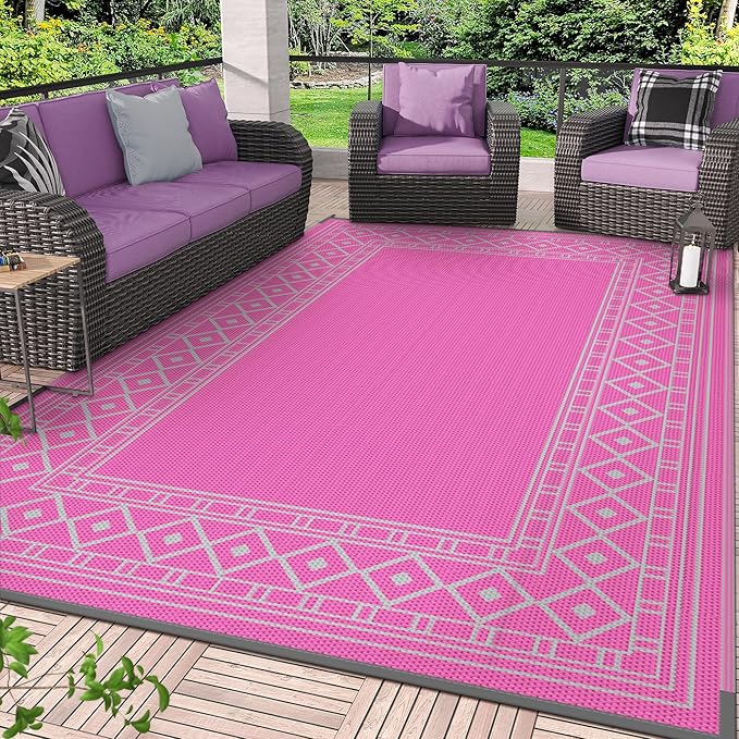 GENIMO Outdoor Rug Waterproof 6'x9' for Patio, Foldable Reversible Plastic Straw Carpet for Travel Trailers, Outside Area Mat for Rv, Deck, Picnic, Porch, Camper, Balcony, Beach, Pink & Grey