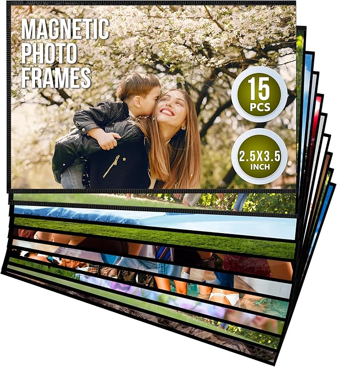 15 Pack 2.5x3.5 Magnetic Picture Frames for Refrigerator Wallet Sized - Small Magnet Picture Frames for Fridge Magnetic Photo Sleeves Locker Magnet Frame Magnetic Photo Pockets Magnetic Picture Holder