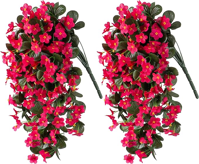 HyeFlora Artificial Fake Outdoor Outside Hanging Plants Flowers Vines for Fall Decoration, 2PCS Faux Silk Daisy Mums UV Resistant Look Real Hotpink Orchid Vine for Indoor Home Balcony Porch Planter