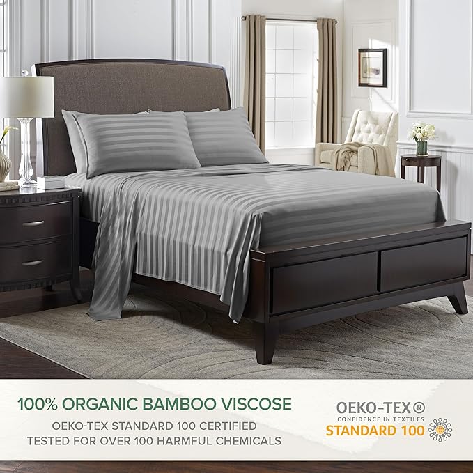 Split King Sheets by Pure Bamboo, Genuine 100% Organic Viscose Derived from Bamboo Bed Sheet Set, Soft & Cooling, Double Stitching *Not for Split Top (Split King, Jacquard Stone)