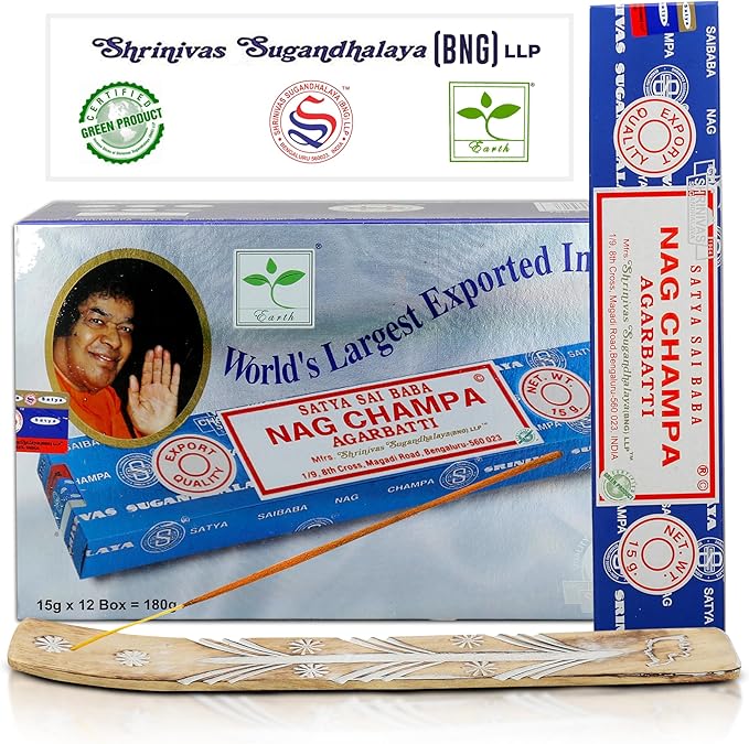 Satya Nagchampa Incense Sticks, Satya Bng (Bangalore) Insenses 15gmx12 Pack with Raajsee Incense Holder Bundle, Satya Nagchampa Natural Incense