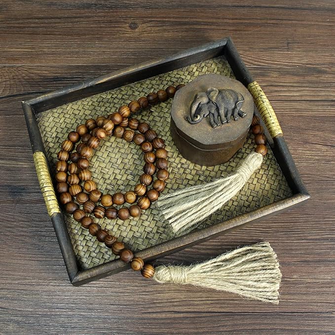 CVHOMEDECO. Wood Grain Beads Garland with Tassels Farmhouse Rustic Wooden Prayer Bead String Wall Hanging Accent for Home Festival Decor. Dark Tan