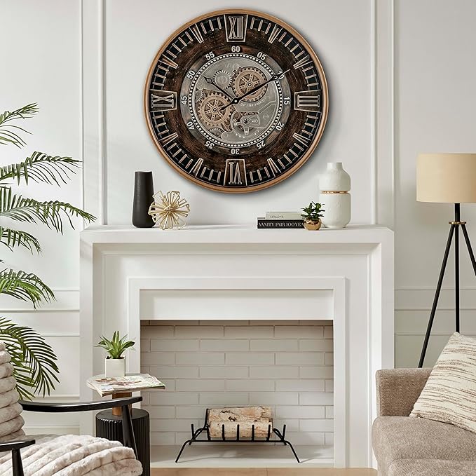 CLXEAST 24 Inch Large Moving Gear Wall Clock for Farmhouse Living Room Decor,Vintage Industrial Bronze Gold Metal Wall Clock for Home Office,House Warming Gifts New Home