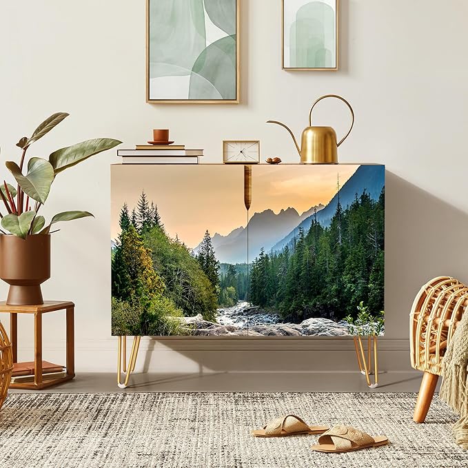 SIGNWIN Sideboard Buffet Cabinet, Kitchen Storage Cabinet with 2 Doors, Scenic Spring Mountain Forest Riverra, Cupboard Console Table for Dining Room - 35" L x 18" W x 29" H