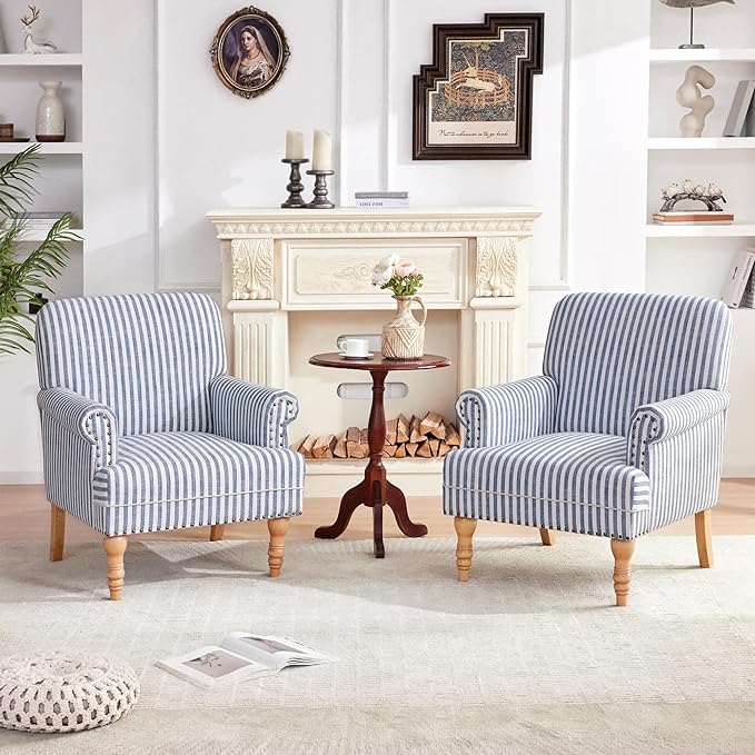 HUIMO Linen Fabric Accent Chairs Set of 2, Mid-Century Modern Armchair with Solid Wood Legs, Single Sofa Chair,Upholstered Reading Club Chair (2, Dark Blue and White Stripe)