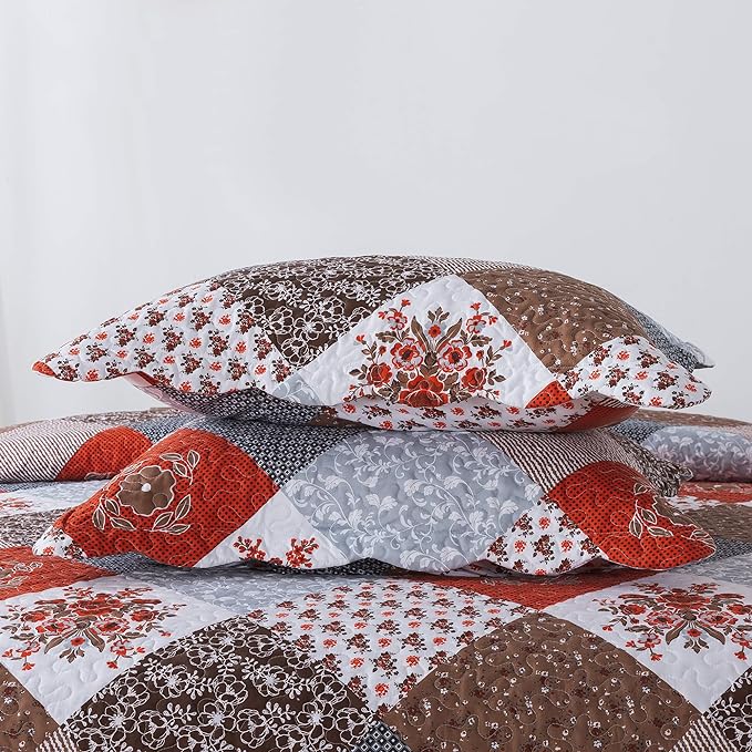 Travan Floral Printed Quilt Sets 3-Piece Super Soft Lightweight Queen Size Bedspread with Shams Reversible Quilted Bedding Set, Red, Queen