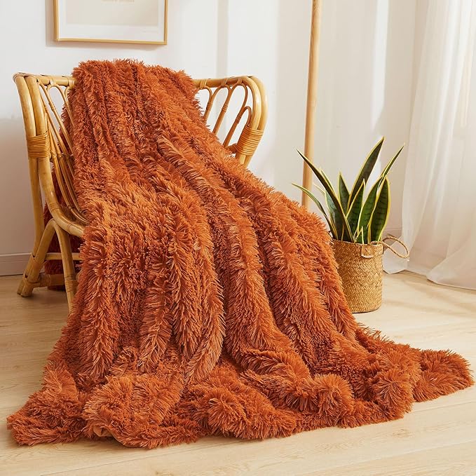 XeGe Luxury Faux Fur Throw, Burnt Orange Soft 50x60 Fluffy Blanket, Shaggy Plush Decorative Couch Throw, Cute Furry Fuzzy Blanket for Sofa Bed, Burnt Orange