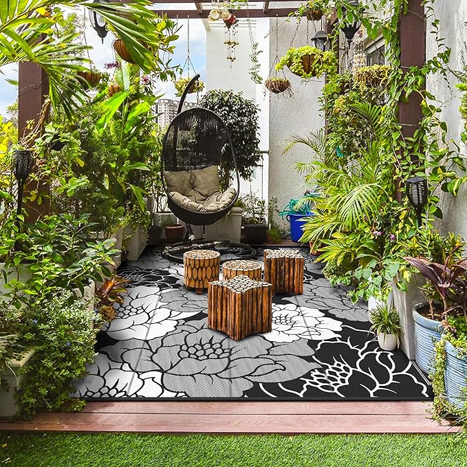 GENIMO Outdoor Rug Waterproof for Patio Decor, 9' x 12' Reversible Plastic Straw Floral Camping Carpet, Large Area Rugs Mats for RV, Camper, Deck, Balcony, Porch, Beach, Picnic, Mix-Black & White