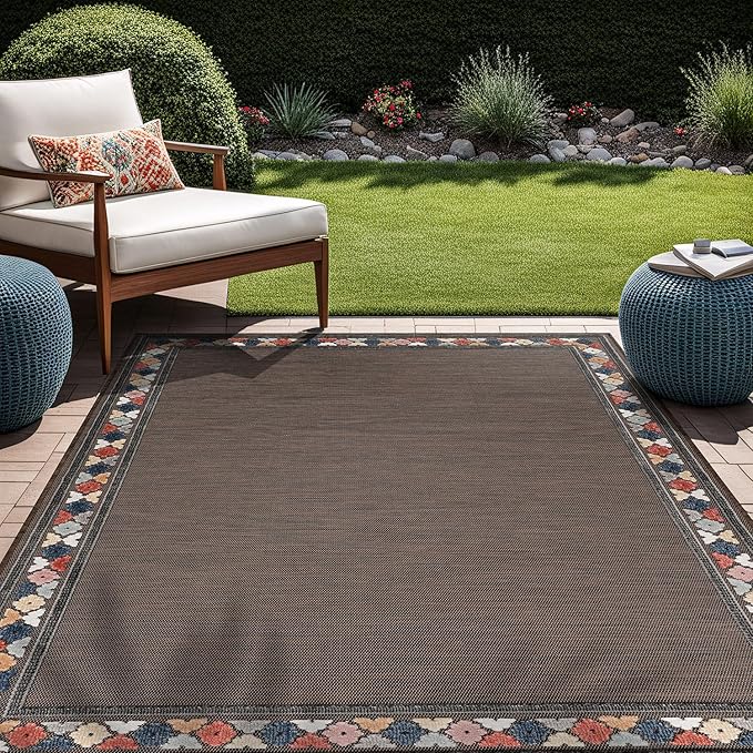 Beverly Rug Outdoor Rug 4x6 Modern Bordered Area Rugs for Indoor and Outdoor Patio Easy to Clean Non Shedding Living Room Porch Garden Washable Outside Carpet (4 x 6 Brown)