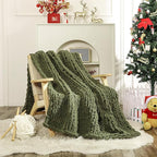 WESHIONGOO Chunky Knit Blanket Throw 50"×60" Knitted Throw Blankets for Couch Bed Fluffy Soft Blanket with Jumbo Chenille Yarn Thick 100% Handmade (Olive Green)