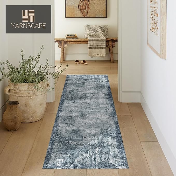 2'6'' x 8' Washable Area Rug - Low Pile Soft Vintage Indoor Rug for Living, Dining or Bedroom - Lightweight Carpet with Non-Slip Backing - Foldable for Easy Placement, Blue