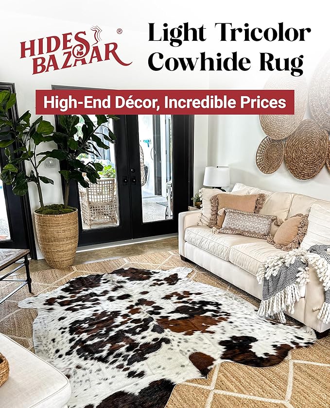 Light Tricolor Cowhide Rug Premium Cowhides Leather with Mixed White, Brown & Black Color Pattern - Natural Cowhide Rug for Office & Home Decor - Cow Hide Rugs 6x7-8 ft