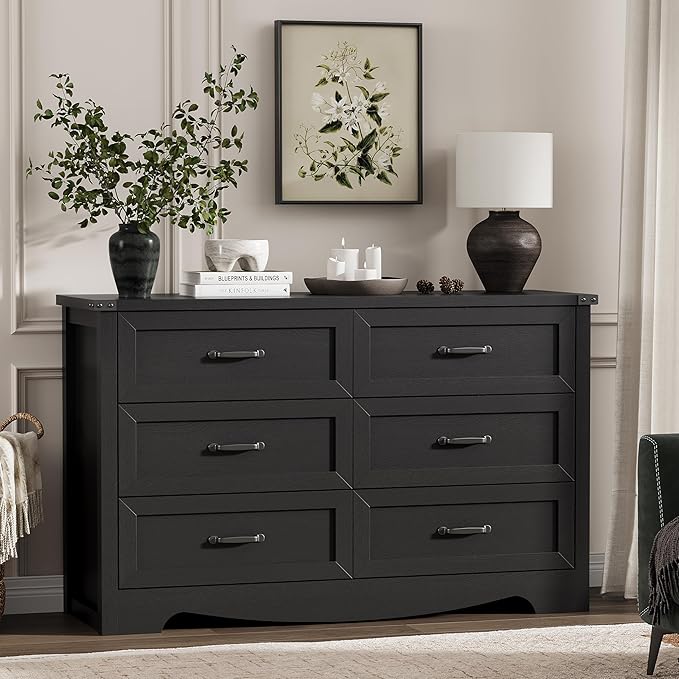 Dresser for Bedroom with 6 Drawers, 48" Wide Wood Chest of Drawers with Deep Drawers & Mental Handle, Modern Dresser TV Stand, Wooden Closet Storage Organizer for Living Room, Hallway, Entryway, Black