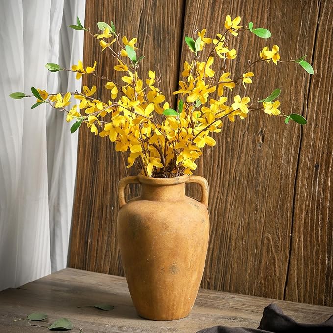 Ceramic Flower Vase with 2 Handles, 8.85 inch Tall Terracotta Rustic Farmhouse Vase, Wide Mouth, for Home Decor, Dining Table, Living Room, Kitchen, Office