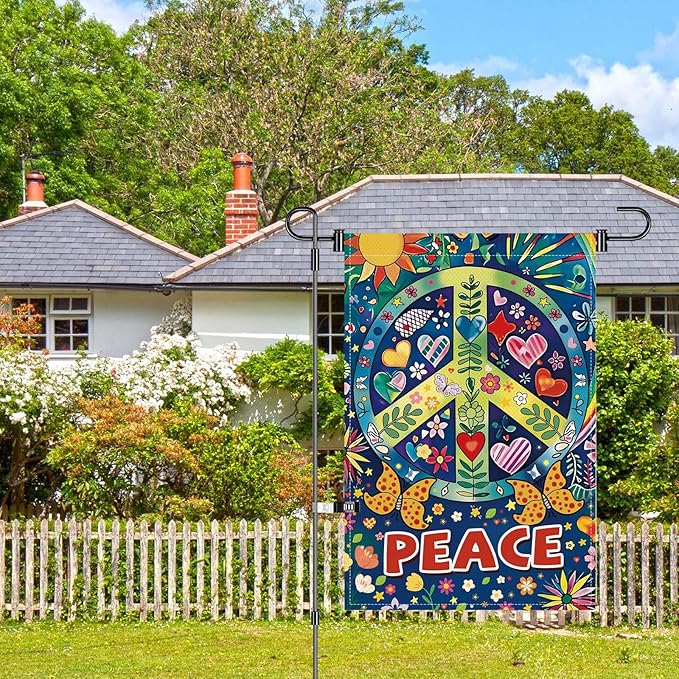 Peace Garden Flag Butterfly Flowers Art Garden Yard Flags Double Sided Colorful Farmhouse Holiday Decorative Yard Flag, Porch Outdoor Decoration Sign Banner (12X18INCH)