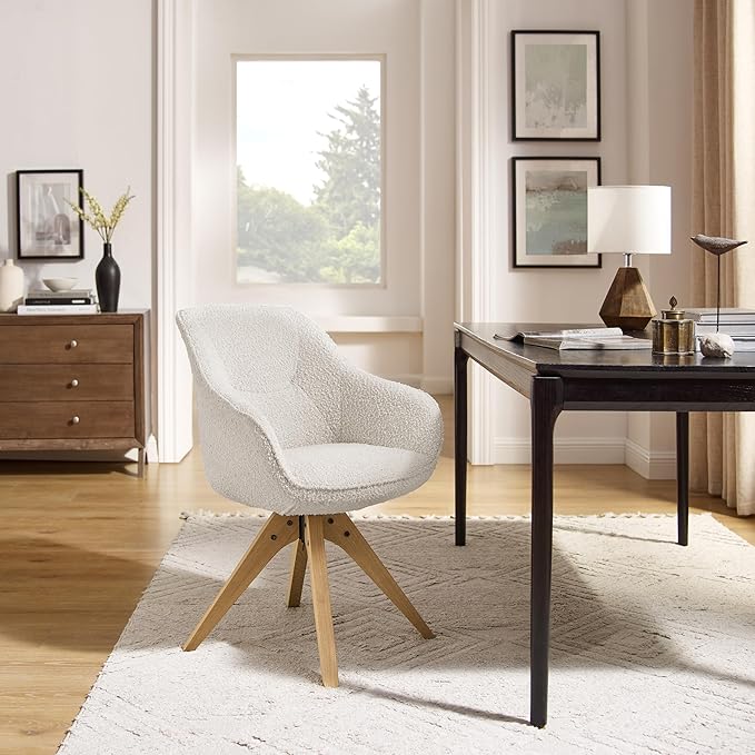 Art Leon Swivel Accent Chair - Mid Century Modern Desk Chair No Wheels, Boucle Fabric Upholstered Armchair with Natural Oak Wood Lges, White
