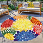 Indoor Outdoor 6FT Round Area Rug Washable Rugs Multicolored Patio Rug Tropical Botanical Modern Floral Indoor Outdoor Round Carpet Non Slip for RV, Pool Deck, Backyard, Porch
