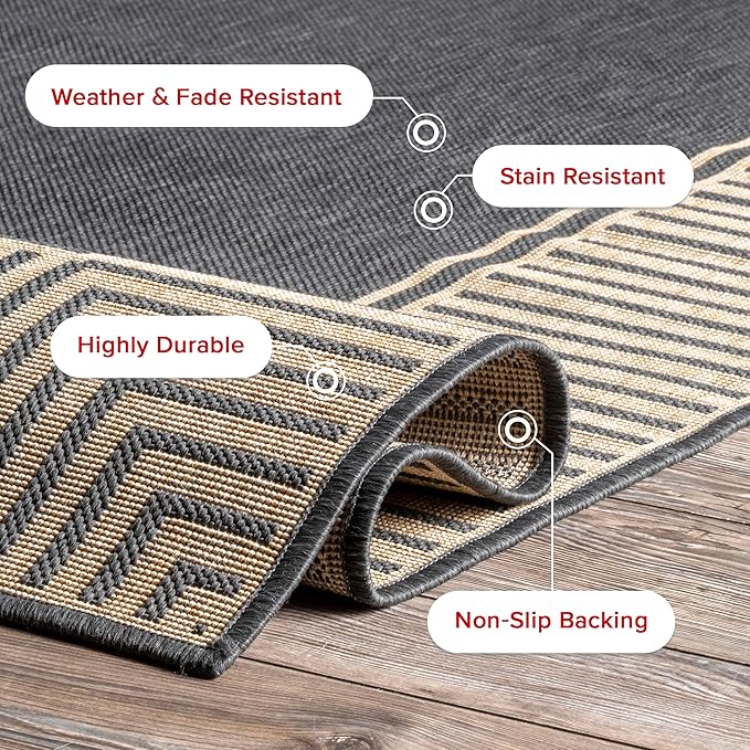 nuLOOM 6' 7" x 9' Outdoor Area Rug, Casual Design With Striped Border, Stain Resistant, Highly Durable, For Patio, Balcony, Bedroom, Living Room, Dining Room, Bathroom, Dark Grey