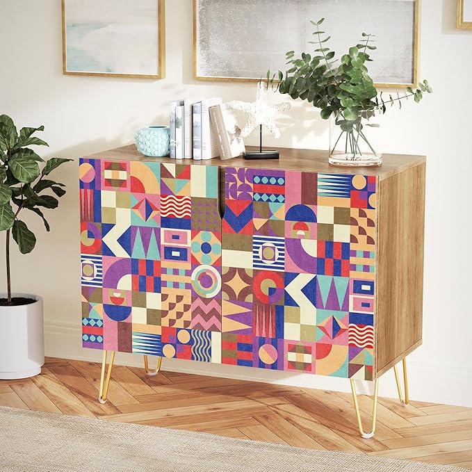 SIGNWIN Sideboard Buffet Cabinet, Kitchen Storage Cabinet with 2 Doors, Vibrant Polygon Collage Patterns, Cupboard Console Table for Dining Room - 35" L x 18" W x 29" H