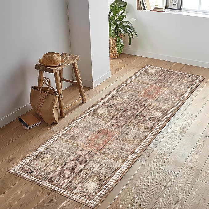 Vintage 2'6'' x 8' Washable Area Rug - Stylish Indoor Rug for Living, Dining or Bedroom - Lightweight Carpet with Non-Slip Backing - Foldable for Easy Placement and Maintenance - Ivory