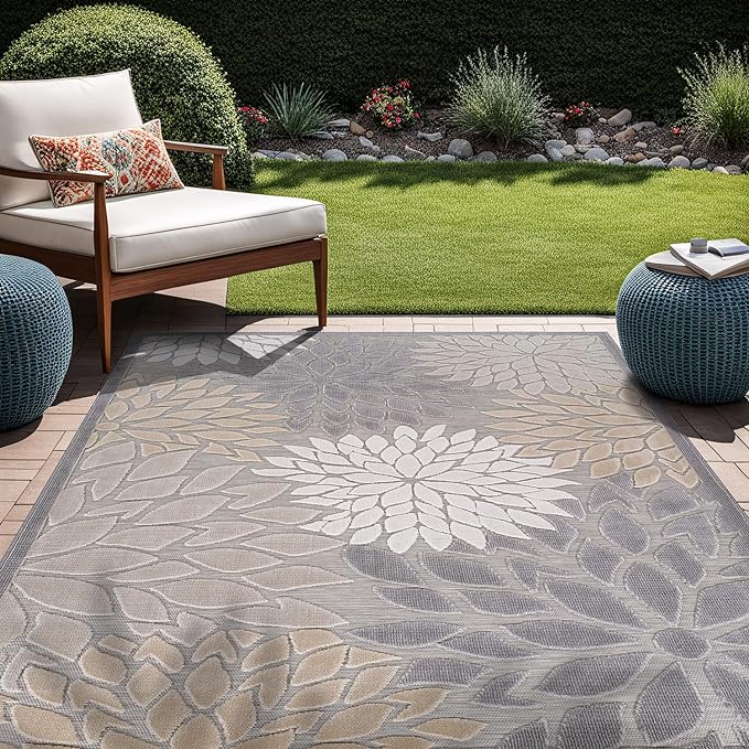 Beverly Rug Outdoor Rug 9x12 Large Modern Floral Tropical Area Rugs for Indoor and Outdoor Patio Easy to Clean Non Shedding Living Room Porch Garden Washable Outside Carpet (9 x 12 Gray)