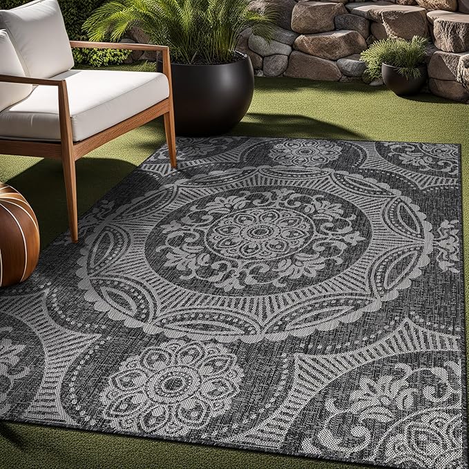 Medallion Outdoor Rug 6x9 Washable Outside Carpet for Indoor Patio Porch Waterproof Easy Cleaning Non Shedding Area Rugs Dark Gray 6 x 9