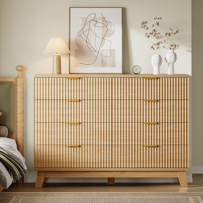 53" Tall Dresser for Bedroom, 8-Drawer Fluted Chest of Drawers, Modern Wood Highboy with Metal Slides and Handles, Anti-Tip Kit, Vertical Clothes Storage Organizer for Apartment, Closet