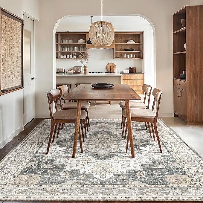 GENIMO 9x12 Area Rugs for Living Room, Non Slip Machine Washable Vintage Rugs, Low Pile Lightweight Chenille Print Large Rug for Bedroom, Dining Room, Home Office, Heathered Grey