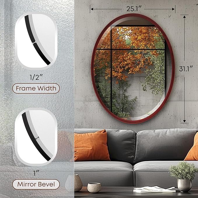 OVALCREST - Oval Wooden Beveled Wall Mirror for Home Decor, Bathroom, Vanity, Bedroom, Living Room, Hallway - London Style (Black Cherry) 25.1 x 31.1