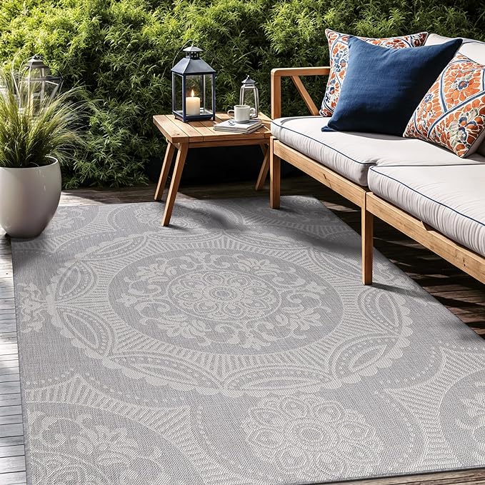 Medallion Outdoor Rug 5x7 Washable Outside Carpet for Indoor Patio Porch Waterproof Easy Cleaning Non Shedding Area Rugs Gray 5 x 7