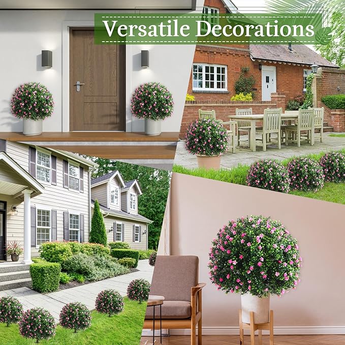 Yunlly Set of 2 Artificial Boxwood Topiary Ball Tree Fake Bushes Shrubs Outdoor Faux Plant with Ground Spike Flowers UV Resistance Greenery for Front Porch Garden Patio Indoor(Pink,27x18inch)