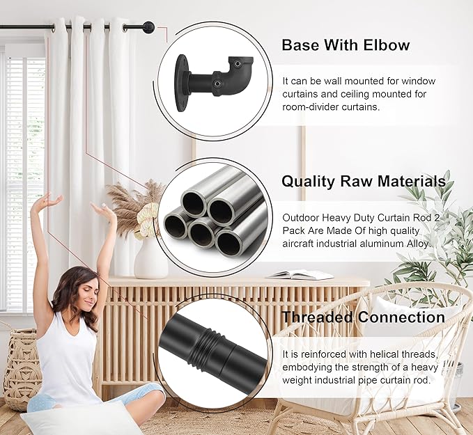 Curtain Rods for Windows 120 to 170, Heavy Duty Industrial Curtain Rods, Black Wrap Around Curtain Rod, Indoor/Outdoor Curtain Rod,1 Inch Adjustable Drapery Rods 144-170"