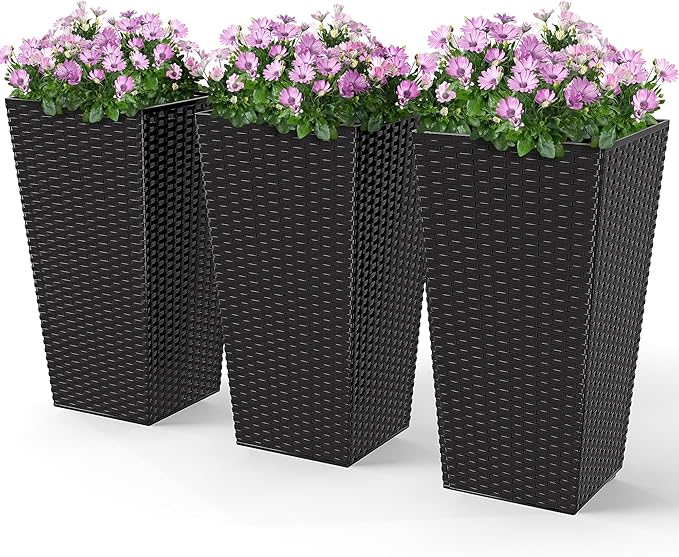 Outsunny Tall Planters for Outdoor Plants Set of 3, 24 in Taper Planters with Drainage Holes, Rattan Decor Plant Pots for Indoor Outdoor Front Porch Patio Backyard, Black