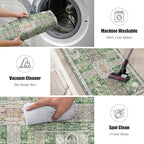 Vintage 2'6'' x 8' Washable Area Rug - Stylish Indoor Rug for Living, Dining or Bedroom - Lightweight Carpet with Non-Slip Backing - Foldable for Easy Placement and Maintenance - Green